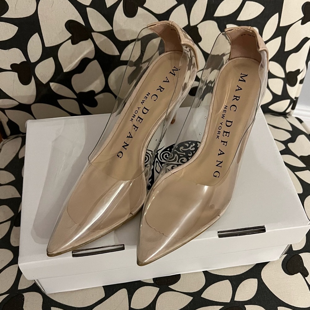 Marc Defang clear heels, never worn, tried on with a dress but didn’t fit.